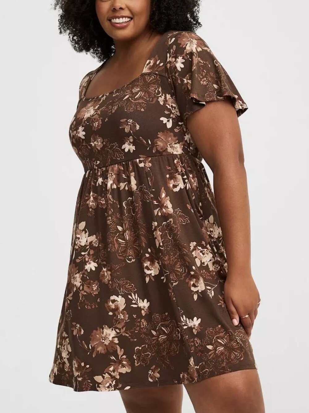 TORRID 1 Plus Size Flutter Sleeve Skater Mini Dress Dark Brown Floral Fall Boho